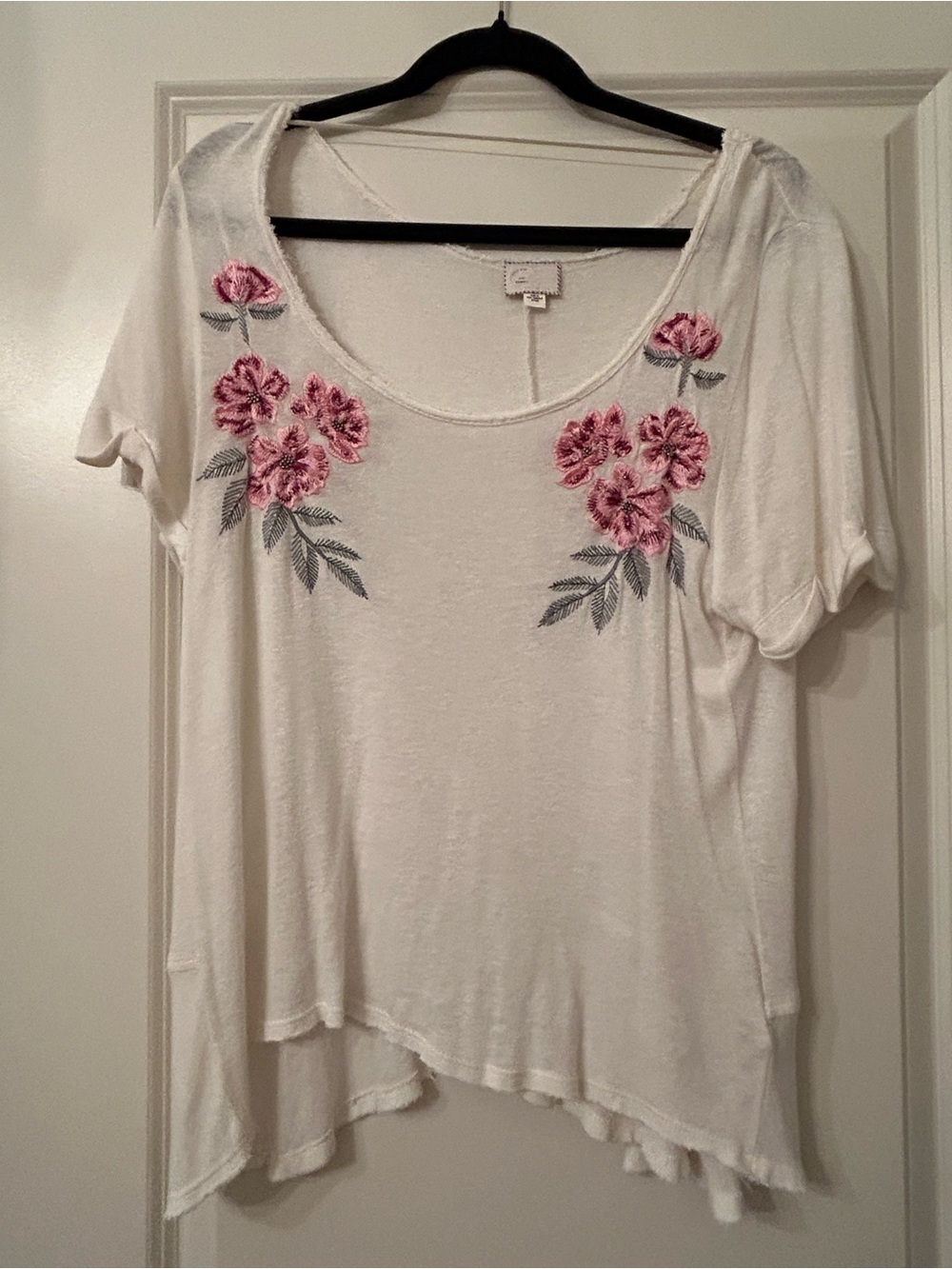 Anthropologie White Scoop Neck Tee with Pink Floral Embroidery
